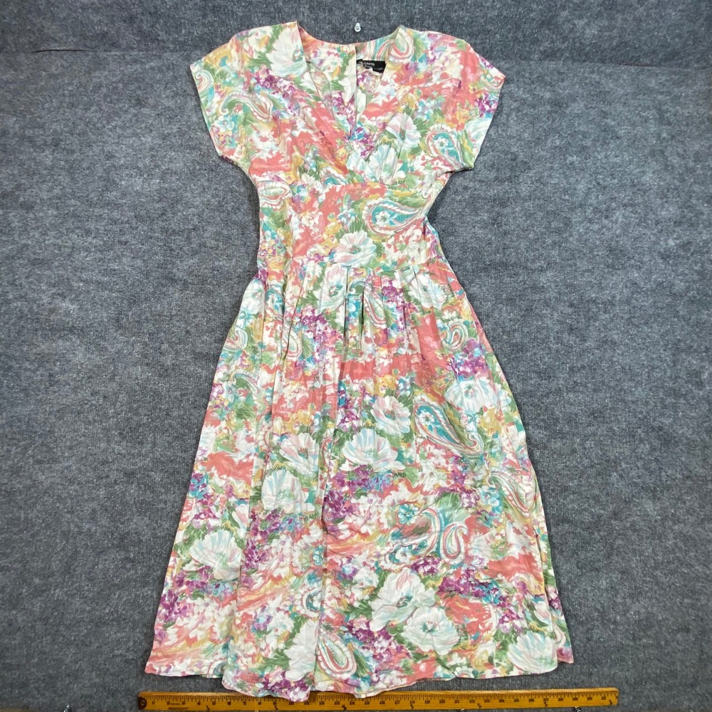 Dawn Joy Fashions Vintage Floral Paisley Cotton Midi Dress Pink Green Size 14